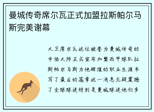 曼城传奇席尔瓦正式加盟拉斯帕尔马斯完美谢幕