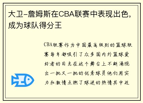 大卫-詹姆斯在CBA联赛中表现出色，成为球队得分王