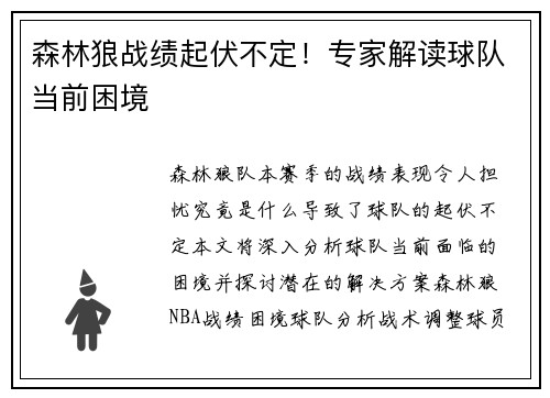 森林狼战绩起伏不定！专家解读球队当前困境